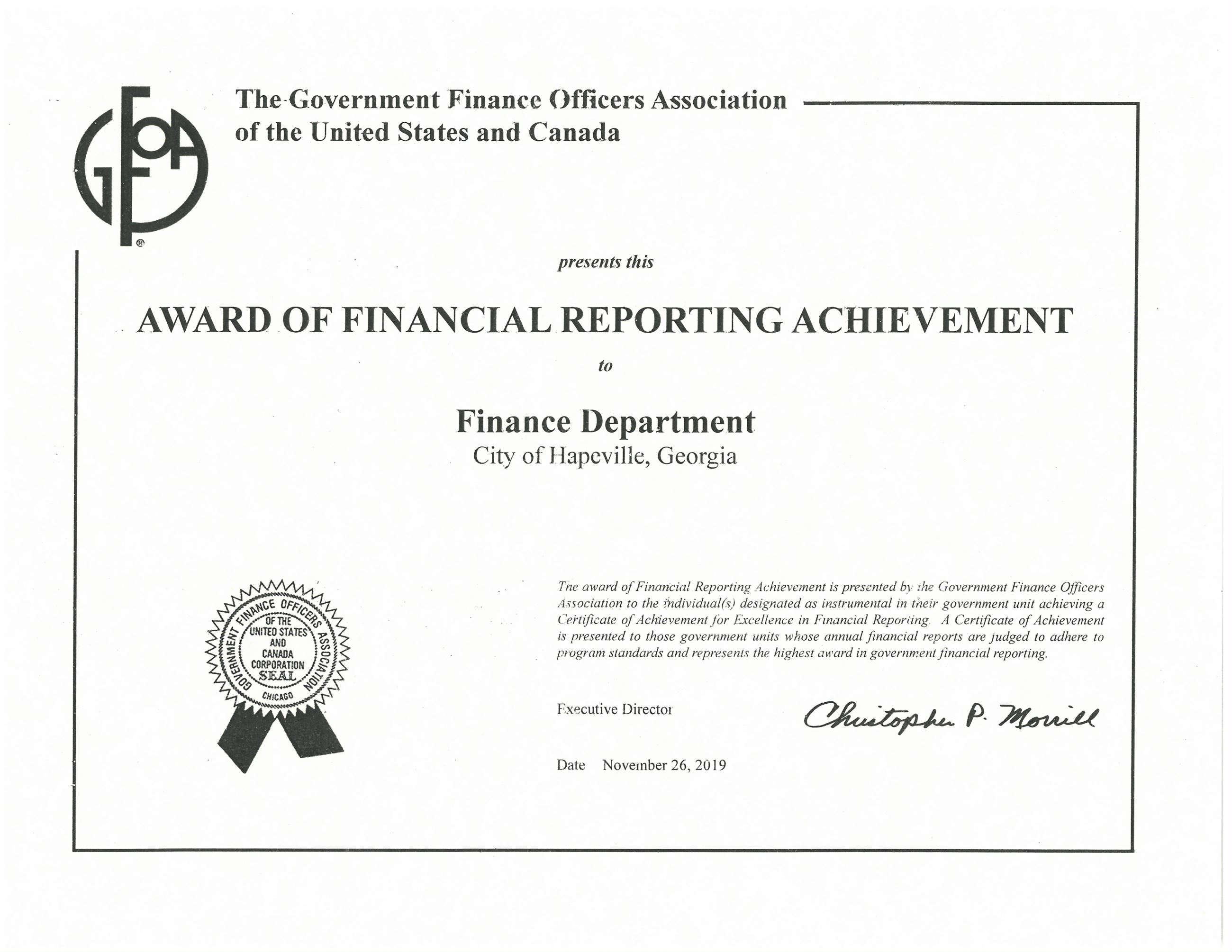 GFOA Award of Financial Reporting Achievement (FY2018)